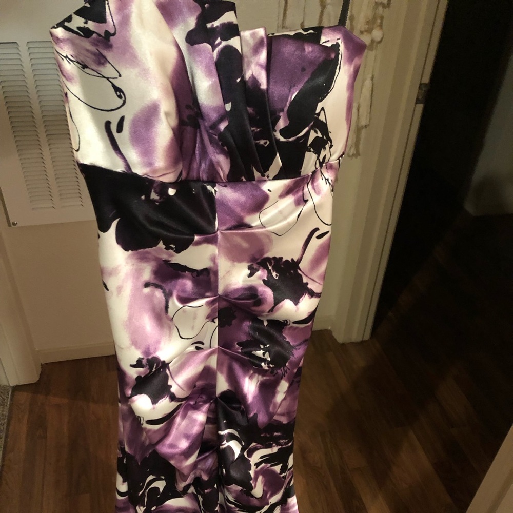 Long purple and black flower prom dress.